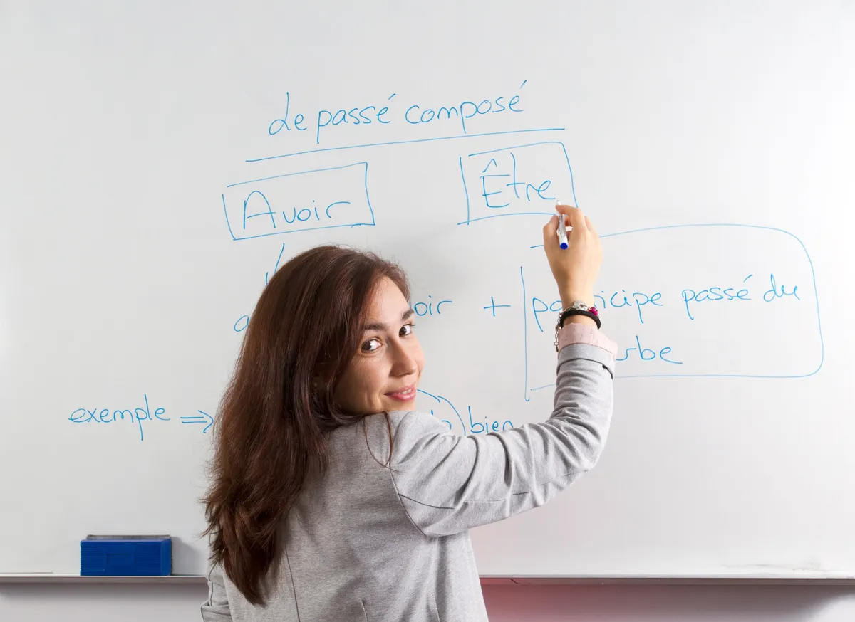 Professeure expliquant le passé composé au tableau