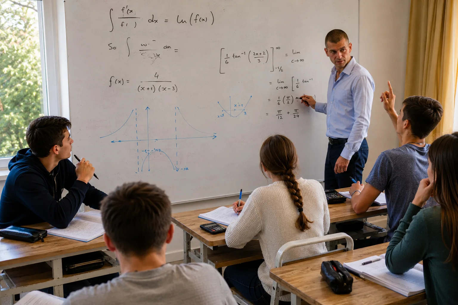 Un professeur au tableau devant un groupe d'élèves en cours de mathématiques